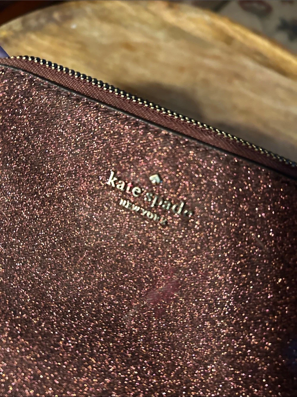 kate spade Glitter Zip Cosmetic Pouch in Rose Bronze
